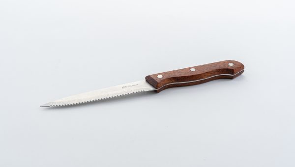 5" Steak Knife - 1.5mm thickness 12 pcs (Blade: 3CR13 Stainless Steel, Taper Grind, Hairline Finish. Handle: Hard Wood w/3 SS Rivets, Full Tang)