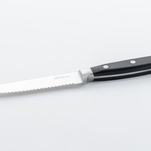 5" steak knife-2.0mm thickness 12 pcs (Blade: 3CR13 Stainless Steel, Taper Grind, Hairline Finished. Handle:18/0 Bolster w/ABS or POM handle. 3 SS Rivets, Full Tang.)