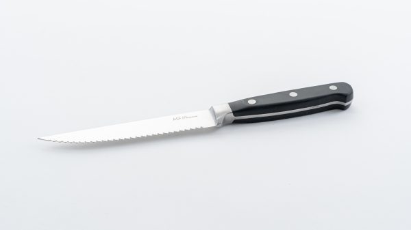 5" steak knife-2.0mm thickness 12 pcs (Blade: 3CR13 Stainless Steel, Taper Grind, Hairline Finished. Handle:18/0 Bolster w/ABS or POM handle. 3 SS Rivets, Full Tang.)