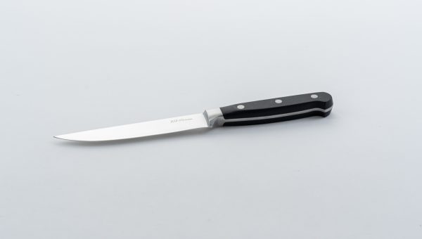 5" steak knife-2.0mm thickness 12 pcs (Blade: 3CR13 Stainless Steel, Taper Grind, Hairline Finished. Handle:Black Wood w/3 SS Rivets, Full Tang.)