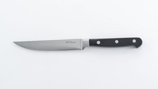 5" steak knife-2.0mm thickness 12 pcs (Blade: 3CR13 Stainless Steel, Taper Grind, Hairline Finished. Handle:Black Wood w/3 SS Rivets, Full Tang.) - Image 2